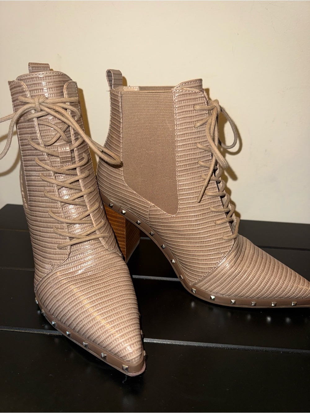Charles By Charles David Taupe Textured Lace-Up Pointed Heel Boots